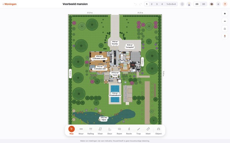 De 2D-plattegrondeditor van HouseViewR met een getekende woning