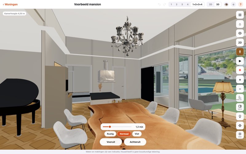 Dezelfde woning van binnen, in de 3D-loopweergave
